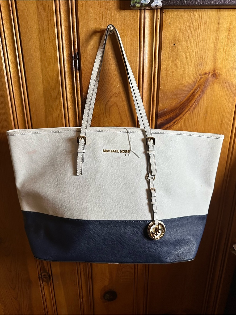Michael Kors Cream and Navy Two-Tone Tote with Gold Charm